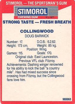 1990 AFL Scanlens Stimorol #58 Doug Barwick Back